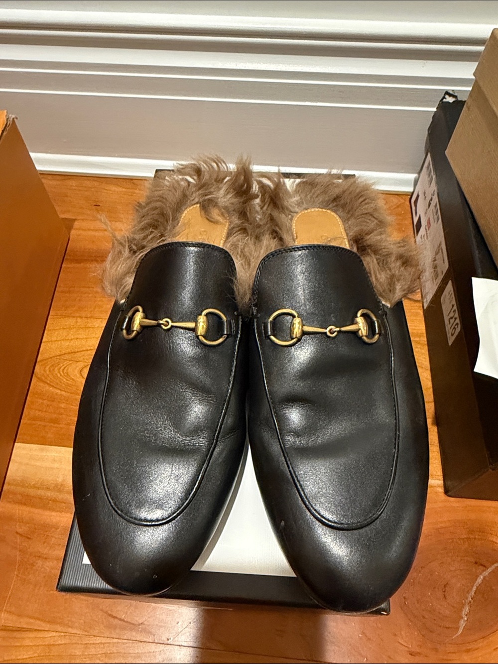 Gucci Black Leather Fur-Lined Horsebit Backless Loafers